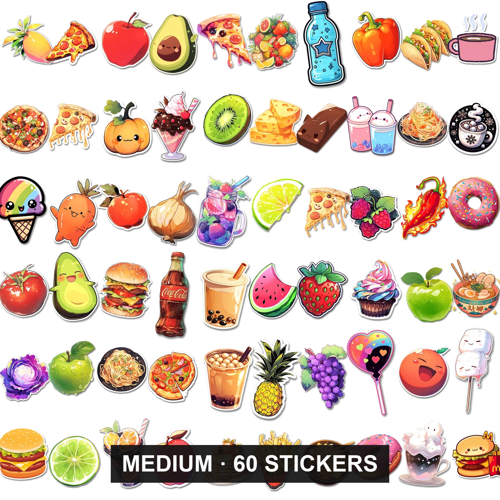 Food & Drink Sticker Bundle - 60 stickers, every design shown